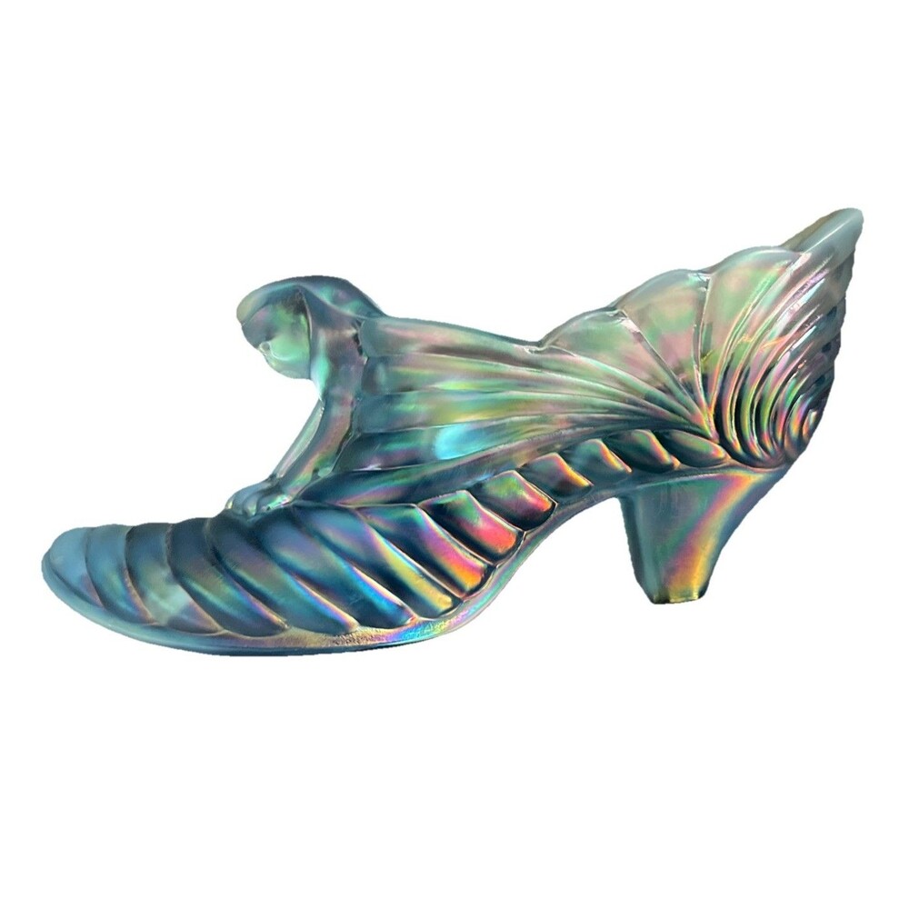 NOS Fenton Cathead Light Blue Carnival Glass Iridescent High Heel Shoe #151